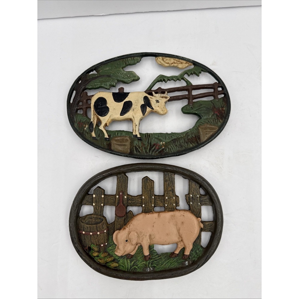 Lot Of 2 Vtg Cast Iron Metal Farmhouse Rustic Trivets Painted‎ Cow & Chicken